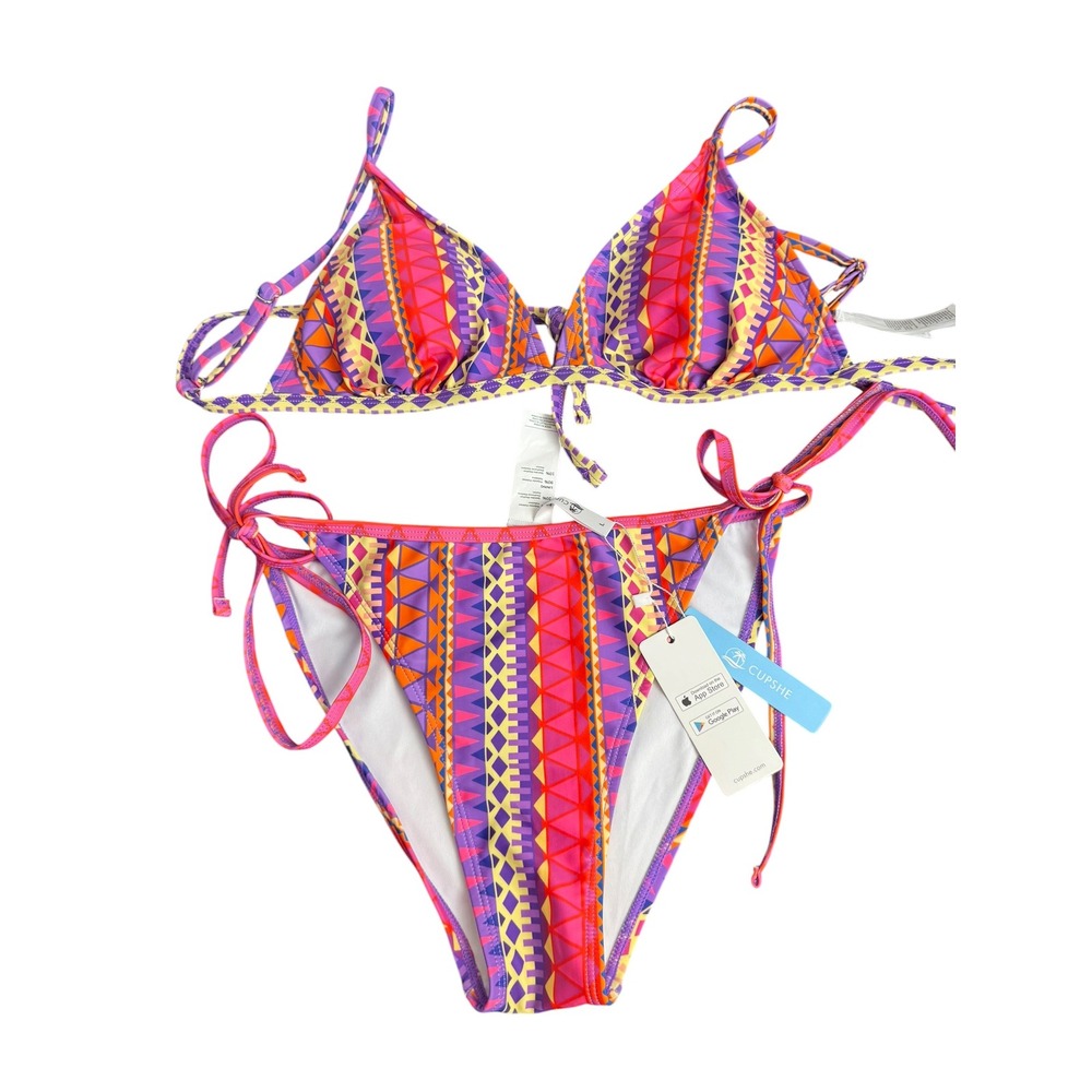 Cupshe Womens Geometric Tribal‎ Print Bikini Set Purple Orange Pink Size L NEW